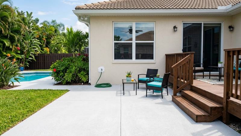 Example of driveway pressure washing in Tarpon Springs, FL — after soft washing. Concrete driveway + garage floor. Oil treatment + full flush.