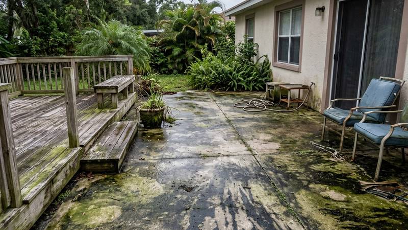 Example of driveway pressure washing in Tarpon Springs, FL — before soft washing. Concrete driveway + garage floor. Oil treatment + full flush.