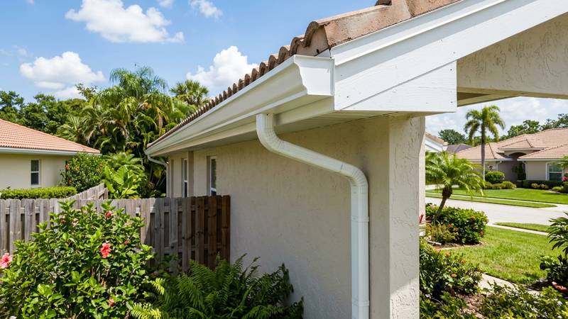 Example of gutter cleaning in Oldsmar, FL — after soft washing. Tiger-stripe brightening + downspout flush. Bundled with roof clean.