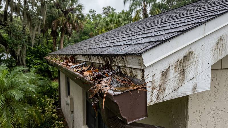 Example of gutter cleaning in Oldsmar, FL — before soft washing. Tiger-stripe brightening + downspout flush. Bundled with roof clean.