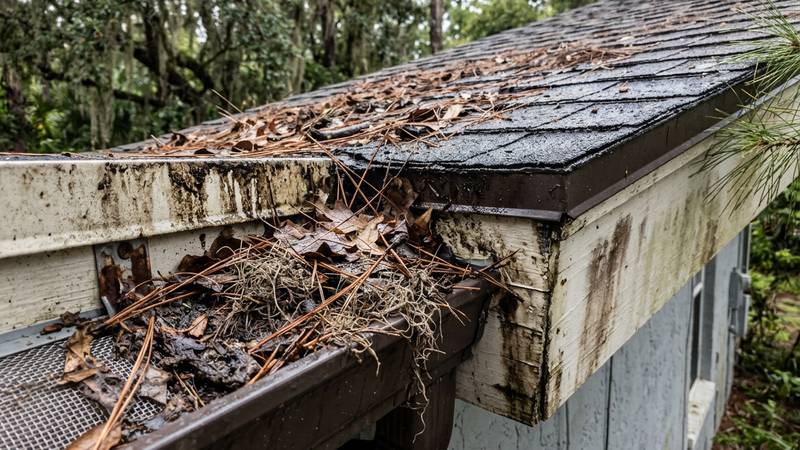 Example of gutter cleaning in Clearwater, FL — before soft washing. 2-story gutter system - debris hand-cleared + exterior brightening.