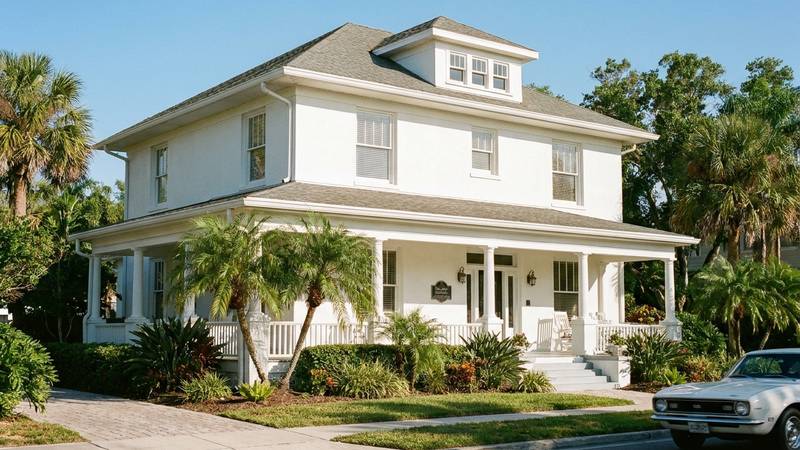 Example of house washing in Dunedin, FL — after soft washing. Stucco + soffit refresh. 2-story colonial - soffit, fascia, screens included.