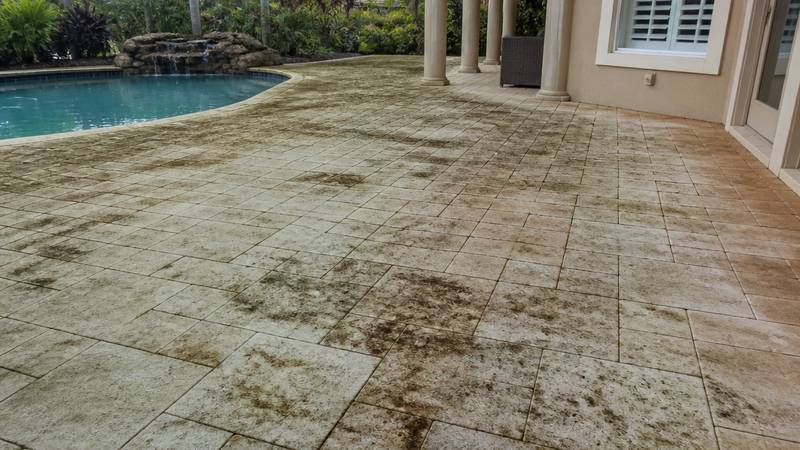 Example of patio & deck pressure washing in Safety Harbor, FL — before soft washing. Travertine pool deck - surface cleaner + rinse. No etching.