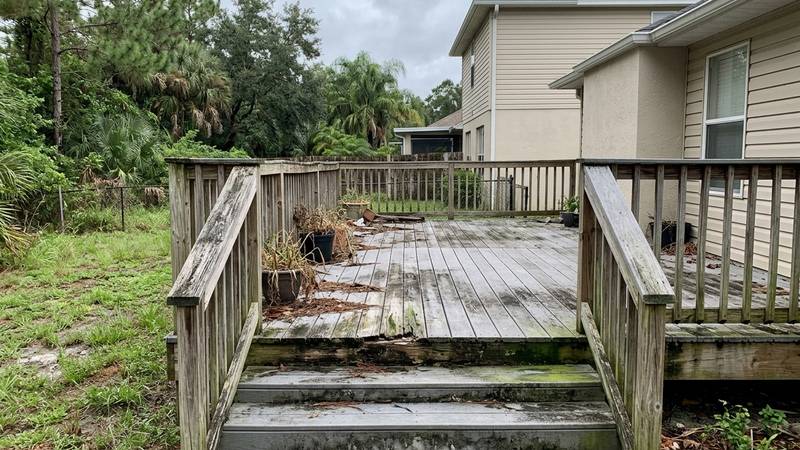Example of patio & deck pressure washing in Dunedin, FL — before soft washing. Composite deck - mold + mildew lifted. No fiber damage.