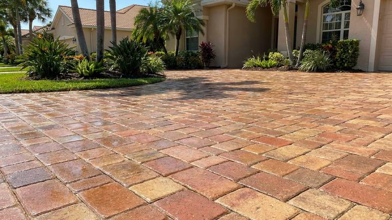 Example of paver cleaning & sealing in Tampa, FL — after soft washing. Paver driveway - deep clean + UV-resistant wet-look seal applied.
