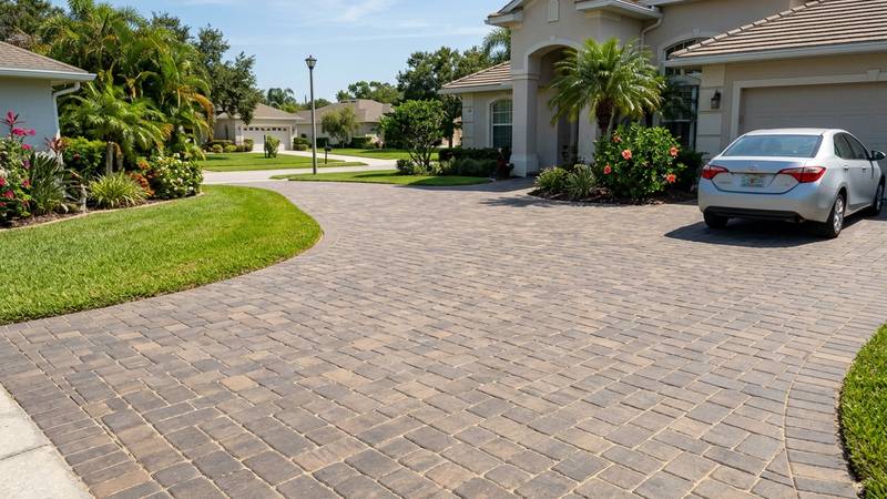 Example of paver cleaning & sealing in Palm Harbor, FL — after soft washing. Pool deck pavers - joint sand restore + Trident-certified wet-look seal.