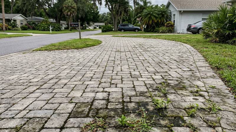 Example of paver cleaning & sealing in Palm Harbor, FL — before soft washing. Pool deck pavers - joint sand restore + Trident-certified wet-look seal.