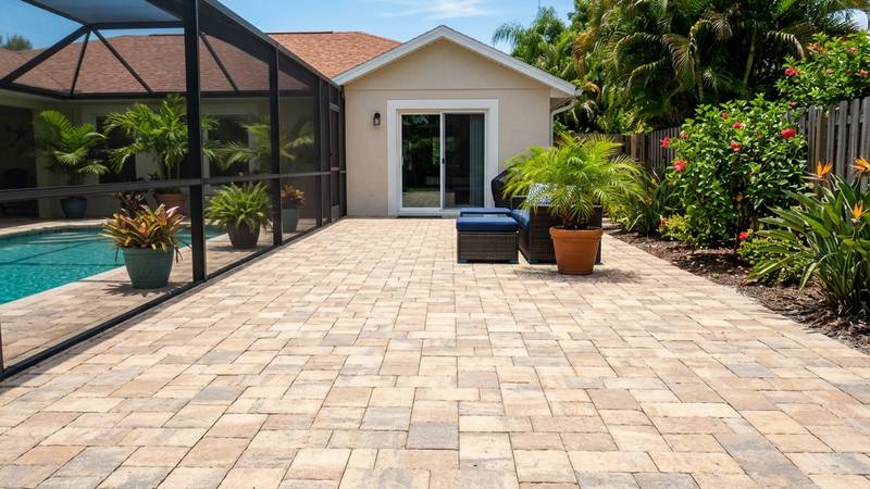 Example of paver cleaning & sealing in Holiday, FL — after soft washing. Driveway pavers - color restore on faded brick + UV sealer locked in.