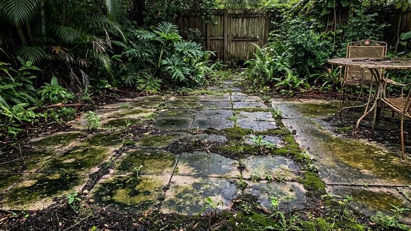 Example of paver cleaning & sealing in Holiday, FL — before soft washing. Driveway pavers - color restore on faded brick + UV sealer locked in.