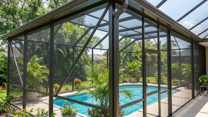 Example of pool cage cleaning in Clearwater, FL — after soft washing. Large lanai + cage gutter flush. Oxidation cleared, screens restored.