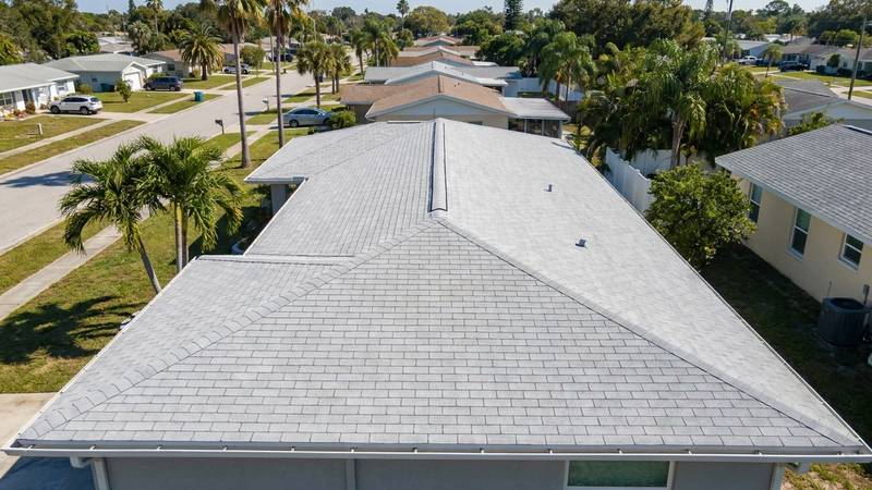 Example of roof cleaning in Tarpon Springs, FL — after soft washing. Metal roof - salt deposits + oxidation. pH-balanced soft wash.